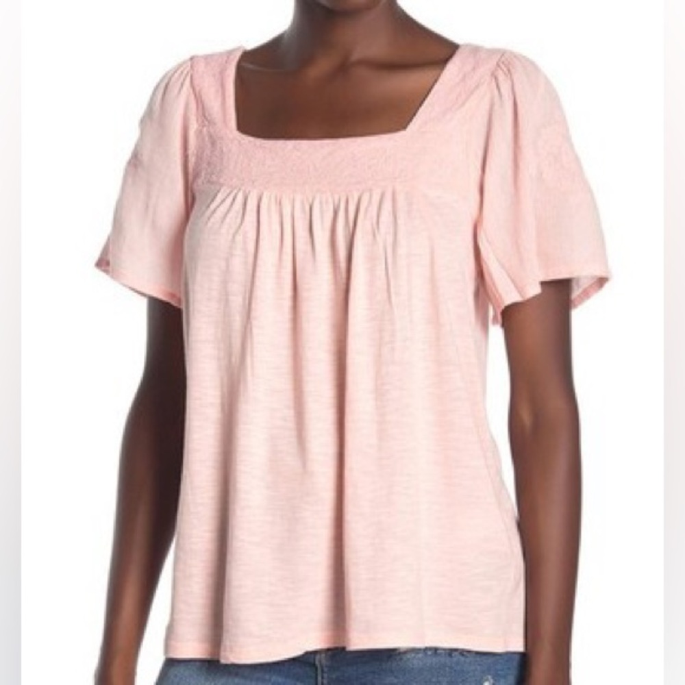 NWT Lucky Brand Blossom Pink Smocked Square Neck Top Size L